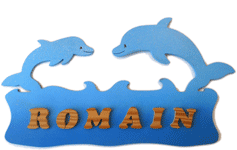 Plaque de porte dauphins bleue lettres en bois naturel